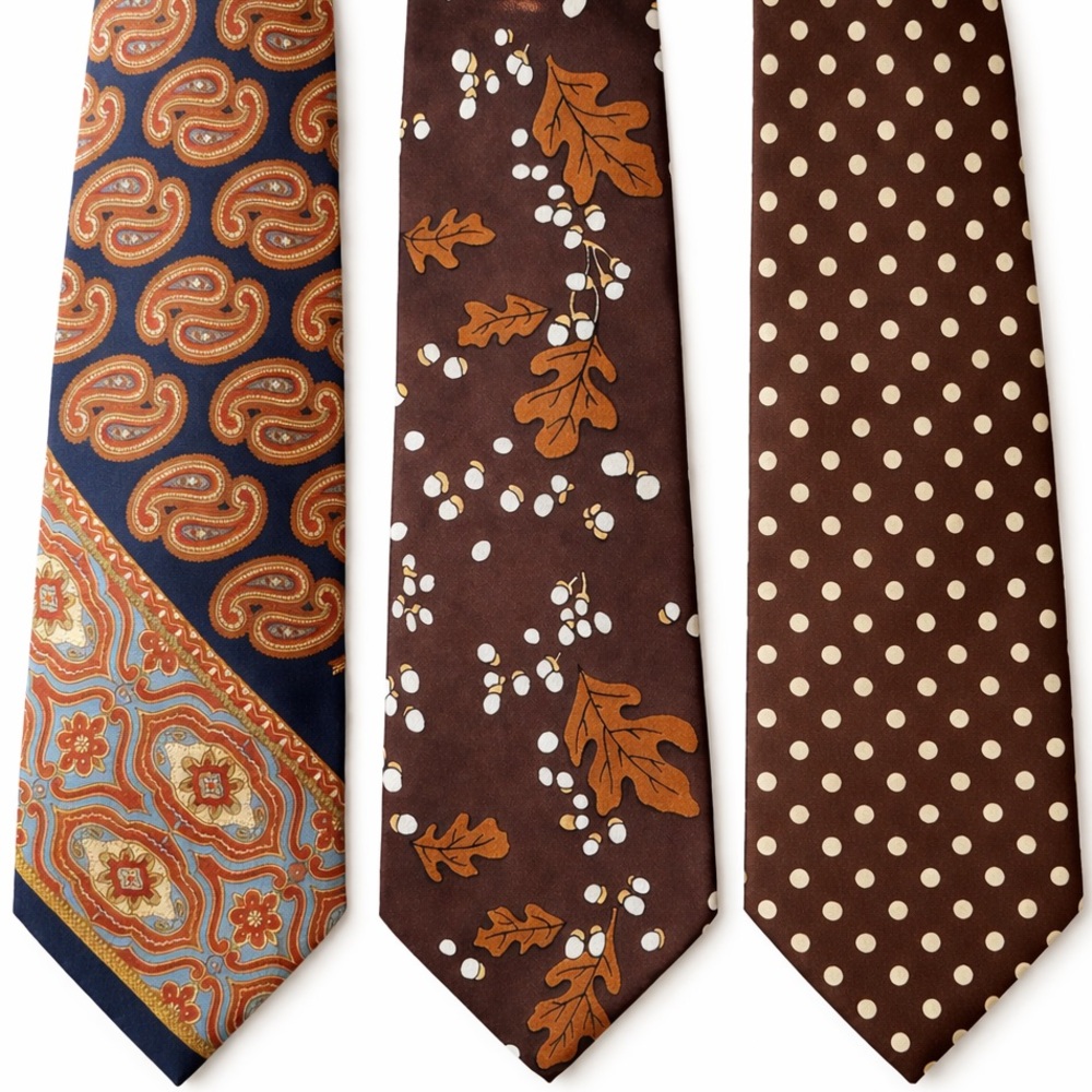 Three 70s Saks Fifth Avenue and vintage brown tone neckties. Polka dot, leaves
